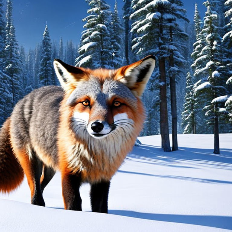 Vivid Orange Fox in Snowy Forest with Pine Trees & Blue Sky