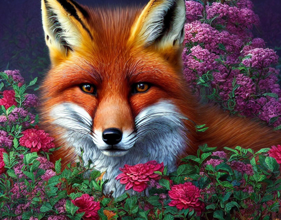 Detailed Red Fox Among Purple Flowers Illustration