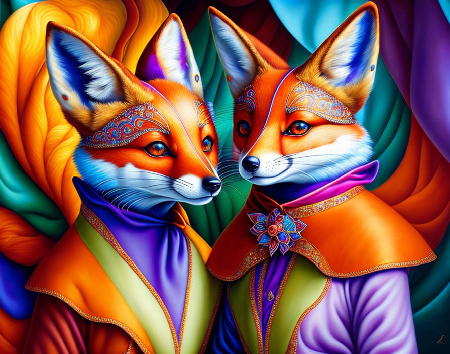 Vibrant Stylized Foxes in Ornate Garments on Swirling Background