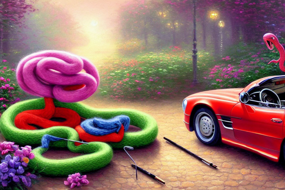 Surreal image: Large green and pink snake knitting, red convertible car in mystical forest