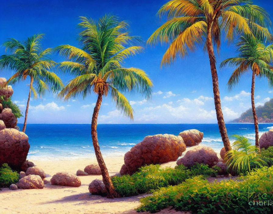 Tropical Beach Scene with Palm Trees and Rock Formations