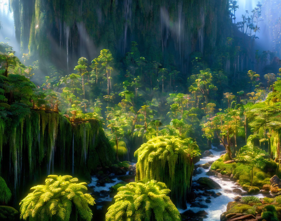 Sunlit Forest with Waterfalls, Stream, and Moss-Covered Rocks