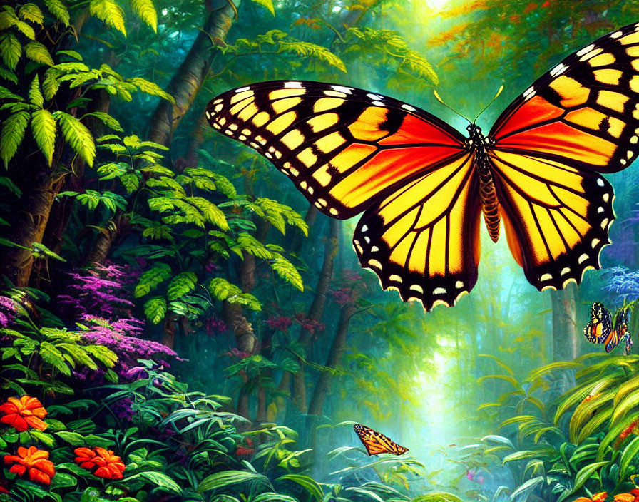 Colorful Monarch Butterfly in Vibrant Forest Scene