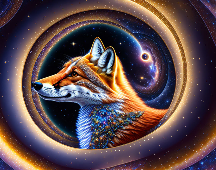 Colorful cosmic fox head surrounded by swirling galaxies and stars