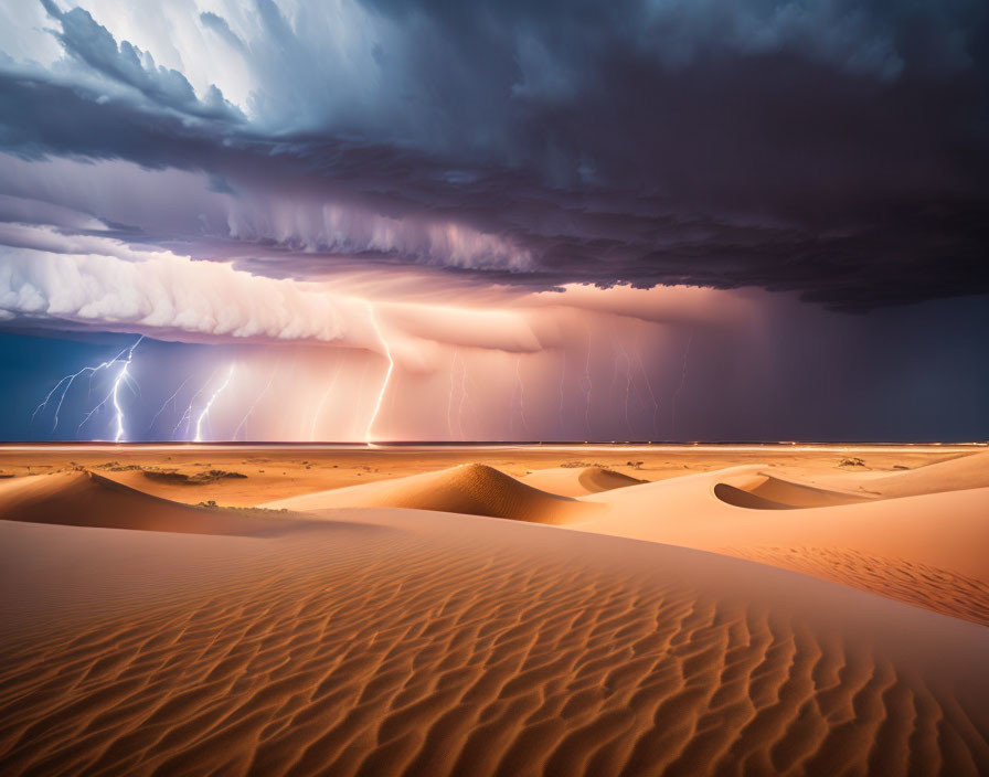 Dramatic desert landscape with lightning under tempestuous sky