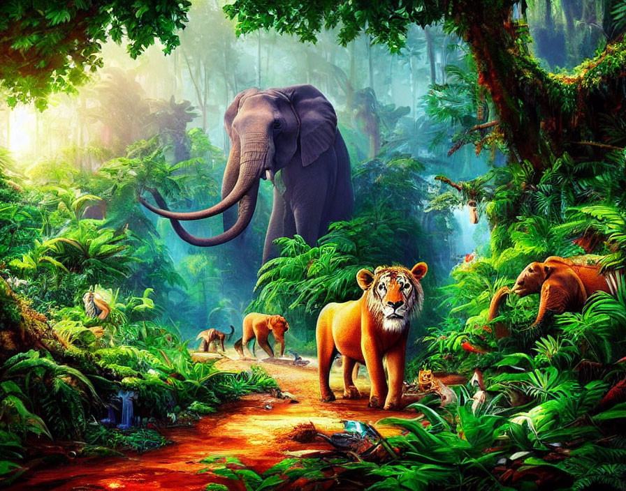 Elephant, tiger with cubs, and monkeys in lush jungle scene