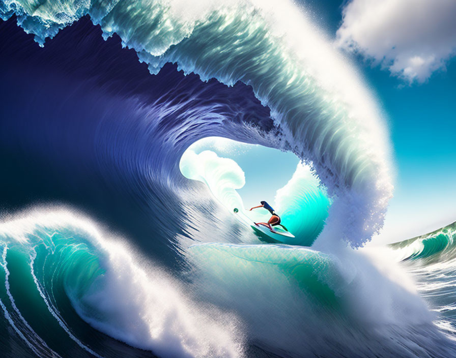 Surfer rides massive curling blue wave with sunlight filtering through water