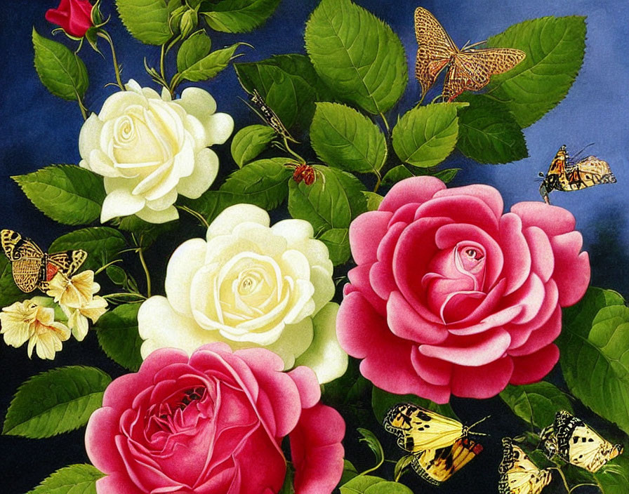 Colorful roses, butterflies, and green leaves on blue background