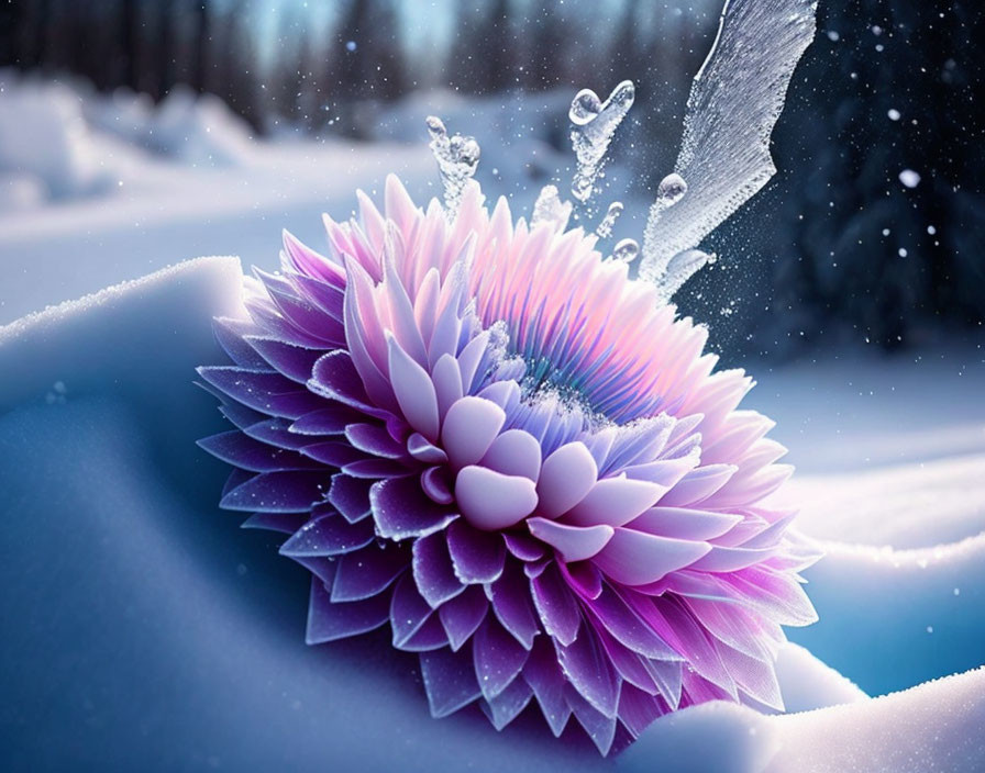 Purple and Pink Flower in Snowy Landscape with Icy Water Splashing