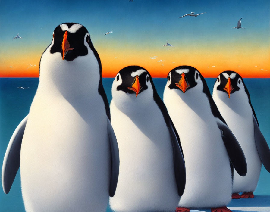 Four Cartoon Penguins with Expressive Faces Against Ocean Sunset