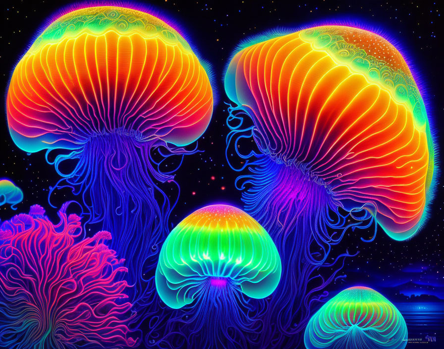 Colorful Psychedelic Jellyfish Illustration with Glowing Tentacles