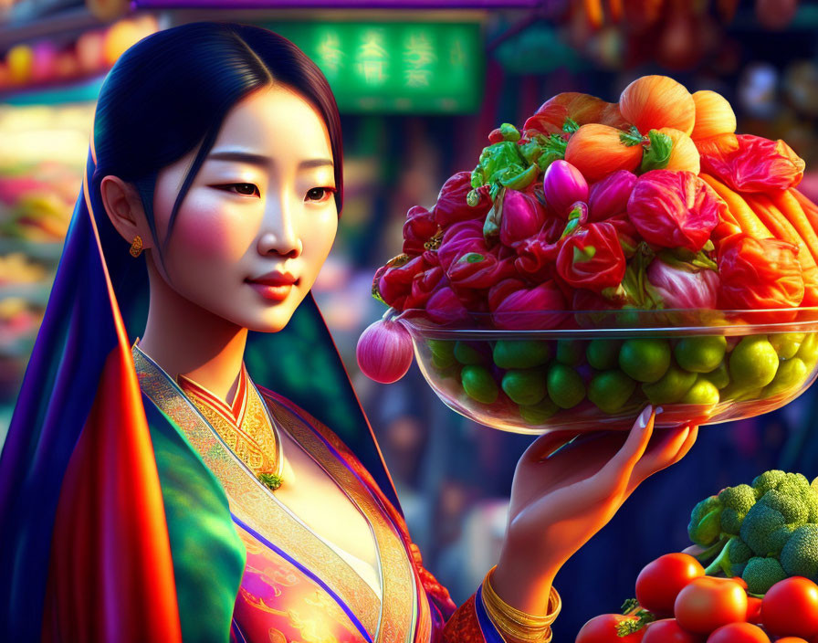 Traditional Attire Woman with Colorful Fruits at Vibrant Market