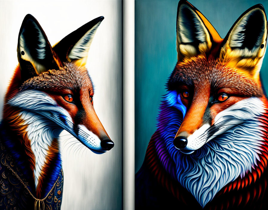 Colorful Digital Artwork: Split Fox Heads with Intricate Patterns