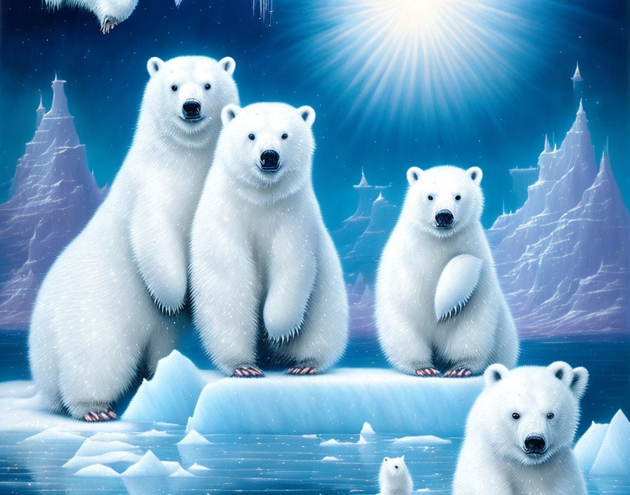 Polar Bears on Ice Floes Under Starry Sky with Aurora