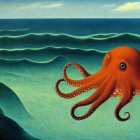 Orange octopus with long tentacles in calm blue ocean