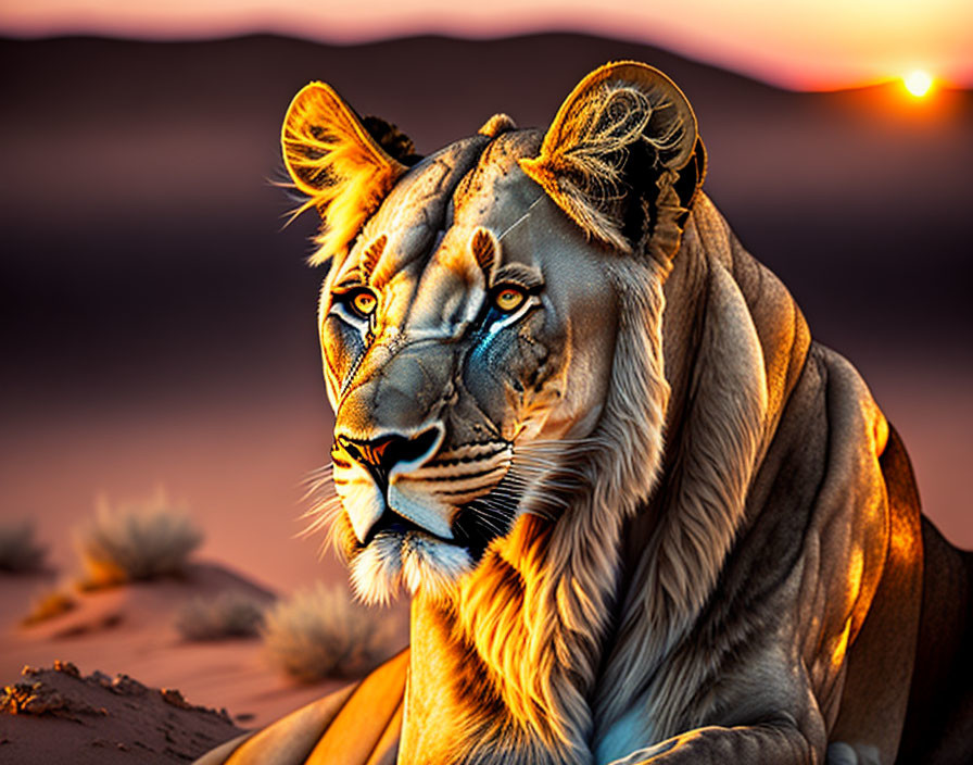 Majestic lion at sunset in golden light against desert backdrop