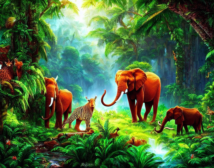 Jungle scene with elephants, tiger, leopard, lush greenery, mist