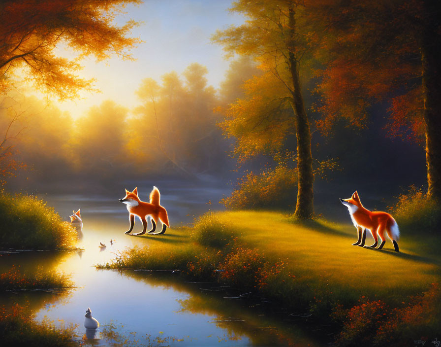 Foxes by woodland pond at dawn with birds and golden sunlight.