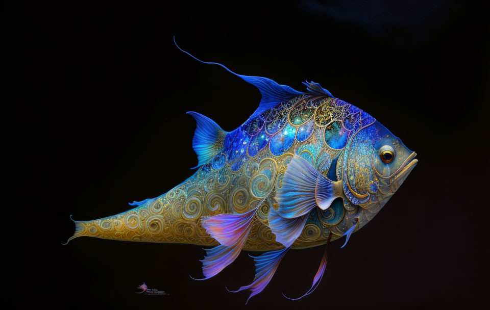 Ornate Fantastical Fish Illustration in Vibrant Blue and Gold Colors