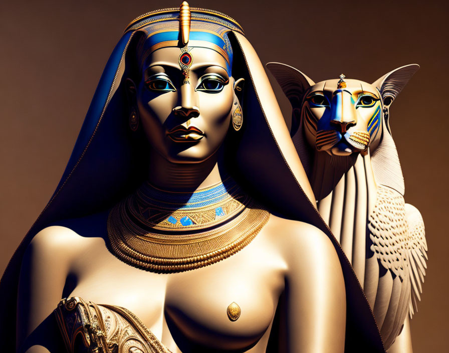 Egyptian queen with traditional headdress and jewelry next to a sphinx with pharaonic features