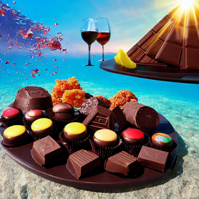 Assorted Chocolates and Wine Glasses on Plate with Underwater Coral Reef Background