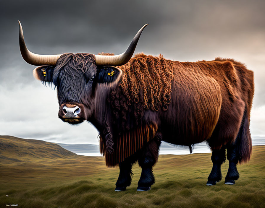 Shaggy brown Highland cow on grassy field with rolling hills