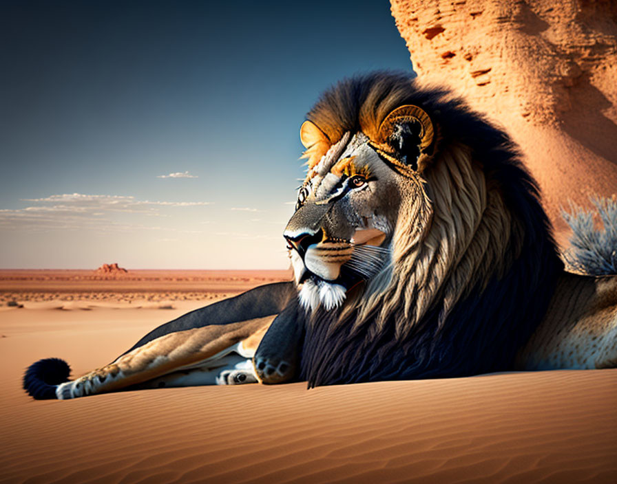 Majestic lion on sandy desert dune with rocky formations - serene scene