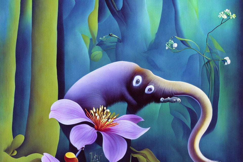 Colorful painting of elephant-headed creature in lush forest