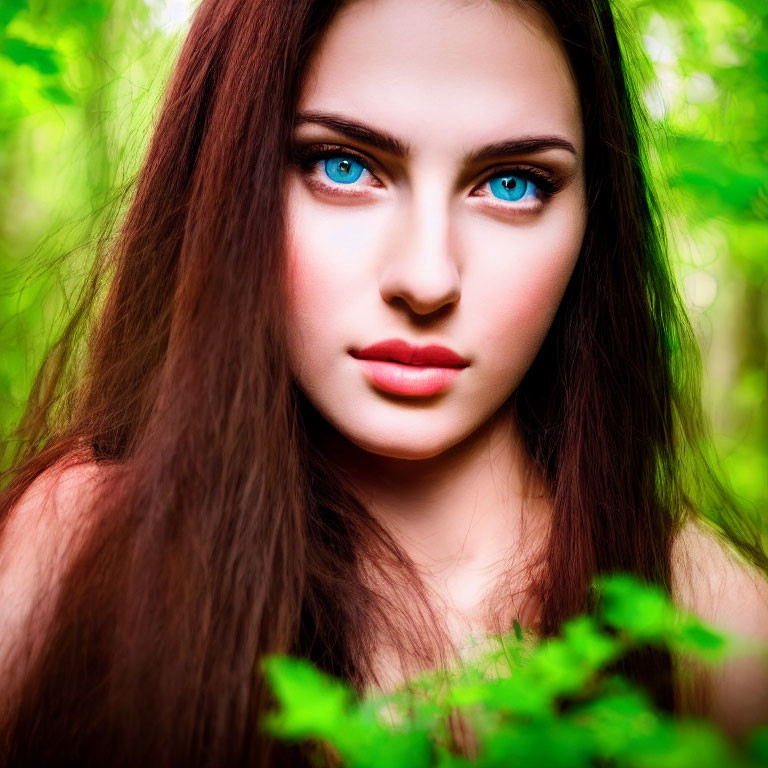 Portrait of Woman with Striking Blue Eyes and Long Brown Hair in Lush Green Foliage