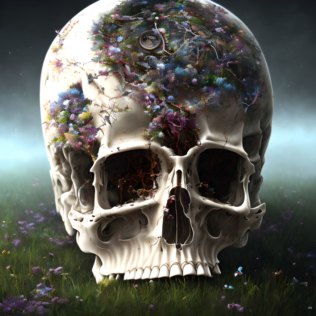 Colorful Flora Growing from Human Skull in Misty Meadow