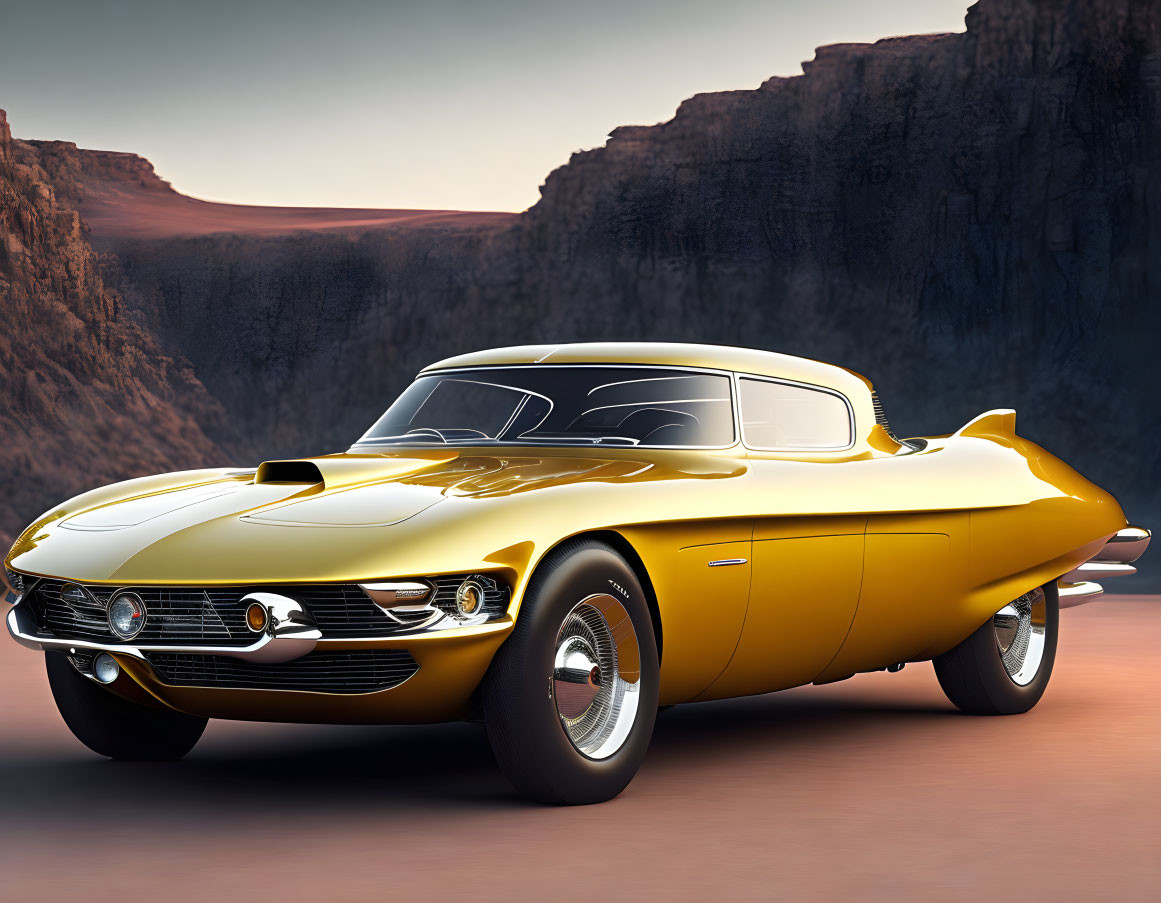 Yellow Sports Car Parked on Road Against Canyon Walls at Sunset