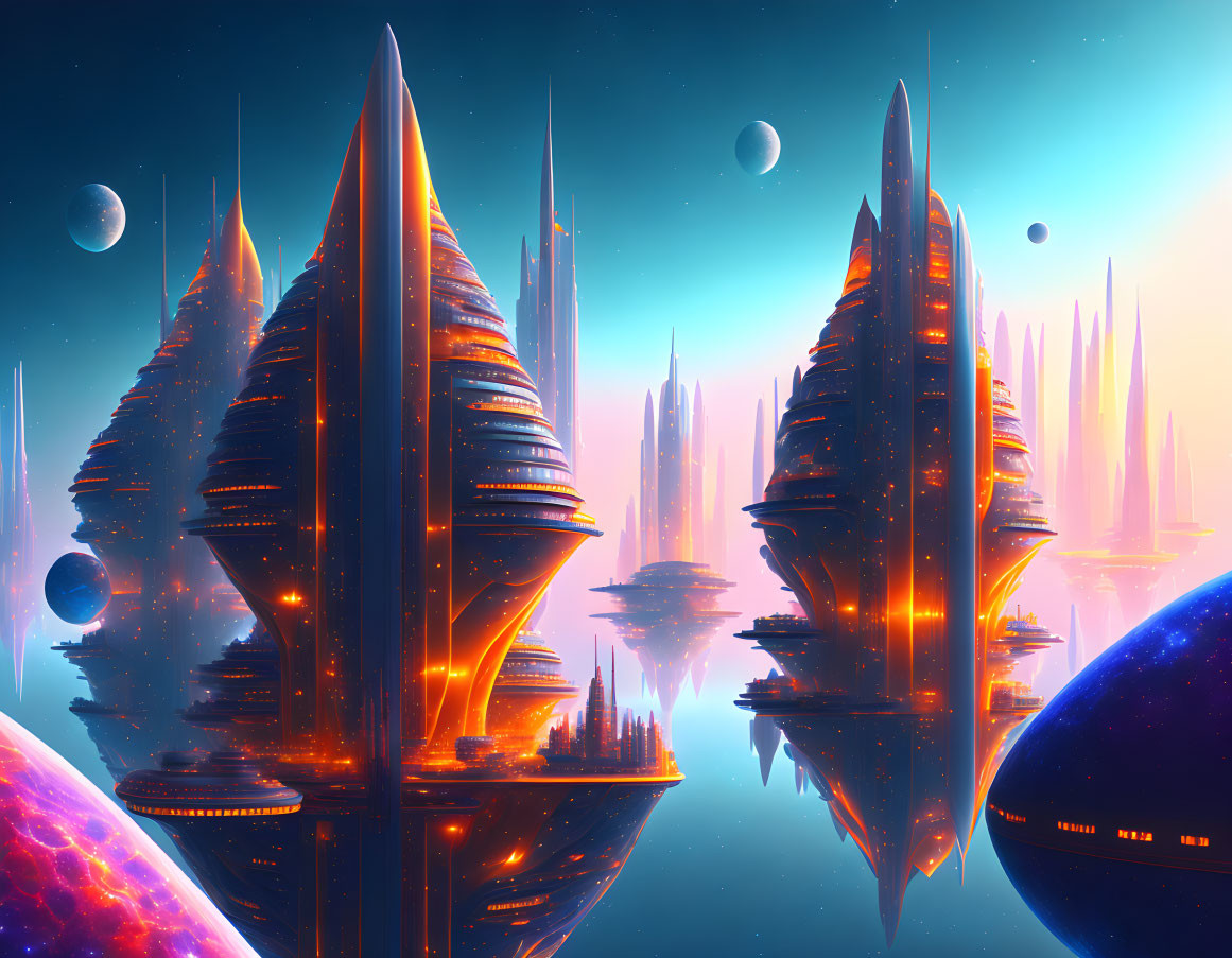 Glowing futuristic cityscape against cosmic backdrop