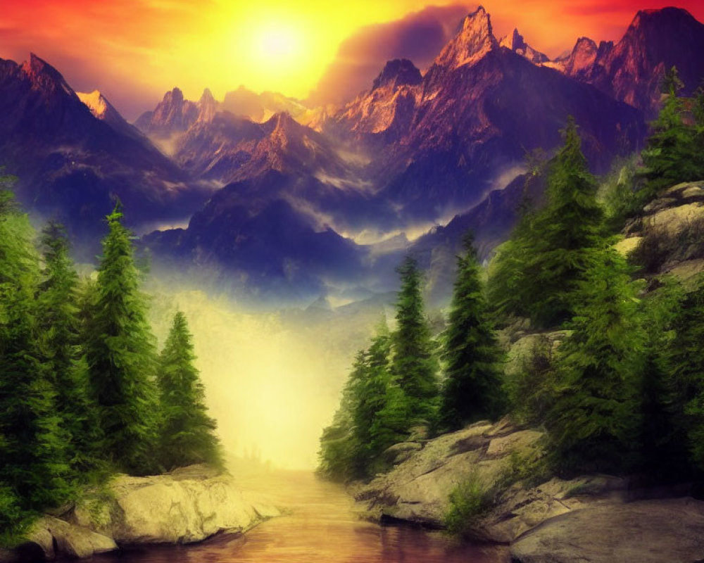 Scenic sunrise over misty mountains, forest, and river