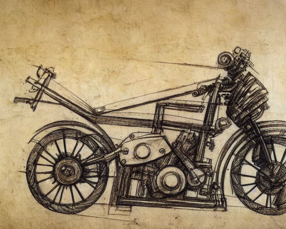 Detailed Vintage Motorcycle Sketch on Parchment Background