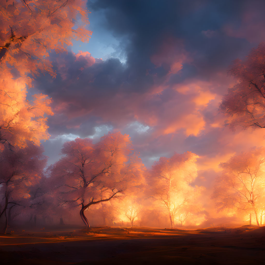 Sunset forest scene with pink-hued clouds and tree silhouettes.