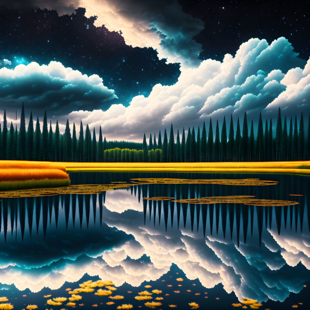 Tranquil lake scene with forest, meadow, and night sky contrast