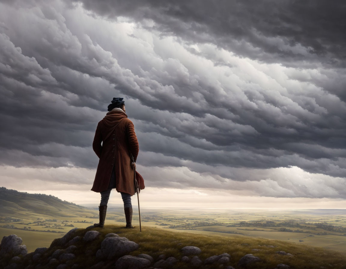 Historical figure on hill gazes at stormy landscape