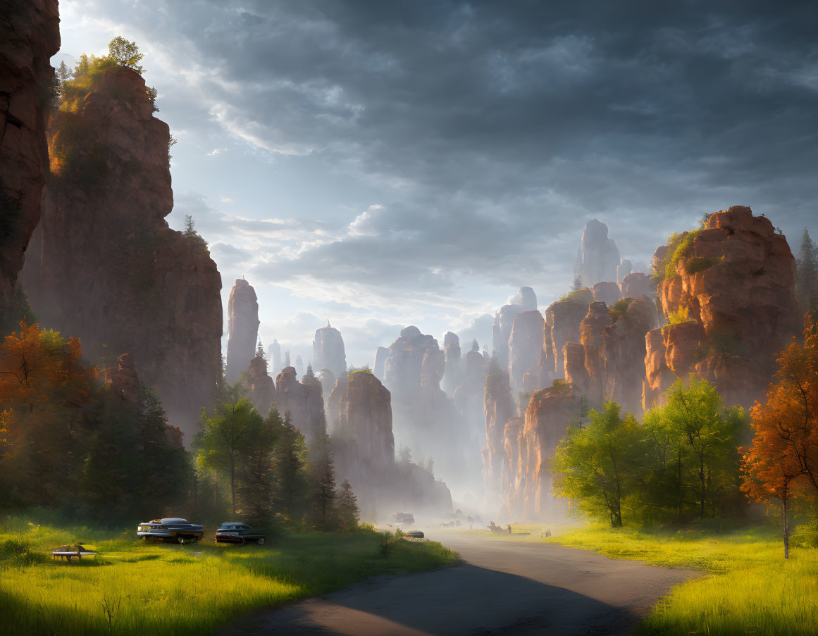 Majestic rock formations in valley at sunset with road and parked cars