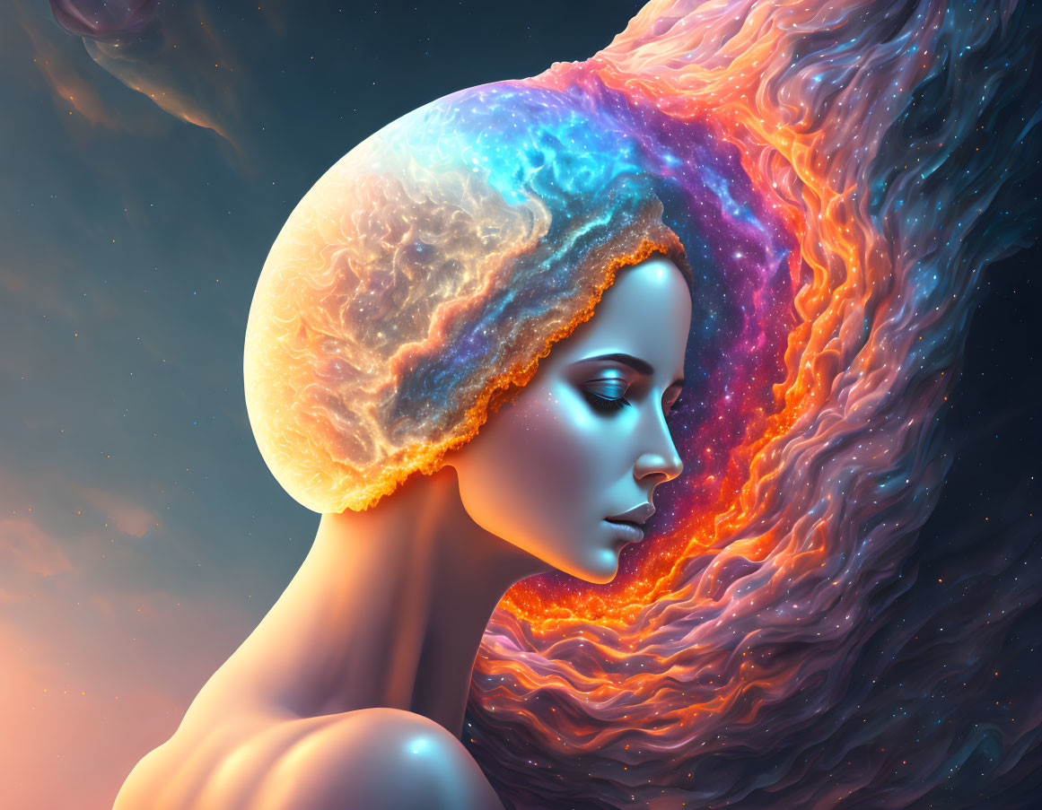 Surreal illustration: Person with galaxy hair in cosmic scene