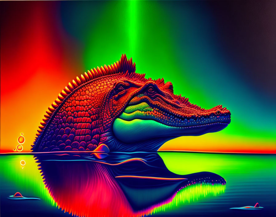 Colorful Neon Alligator Artwork Reflected on Water