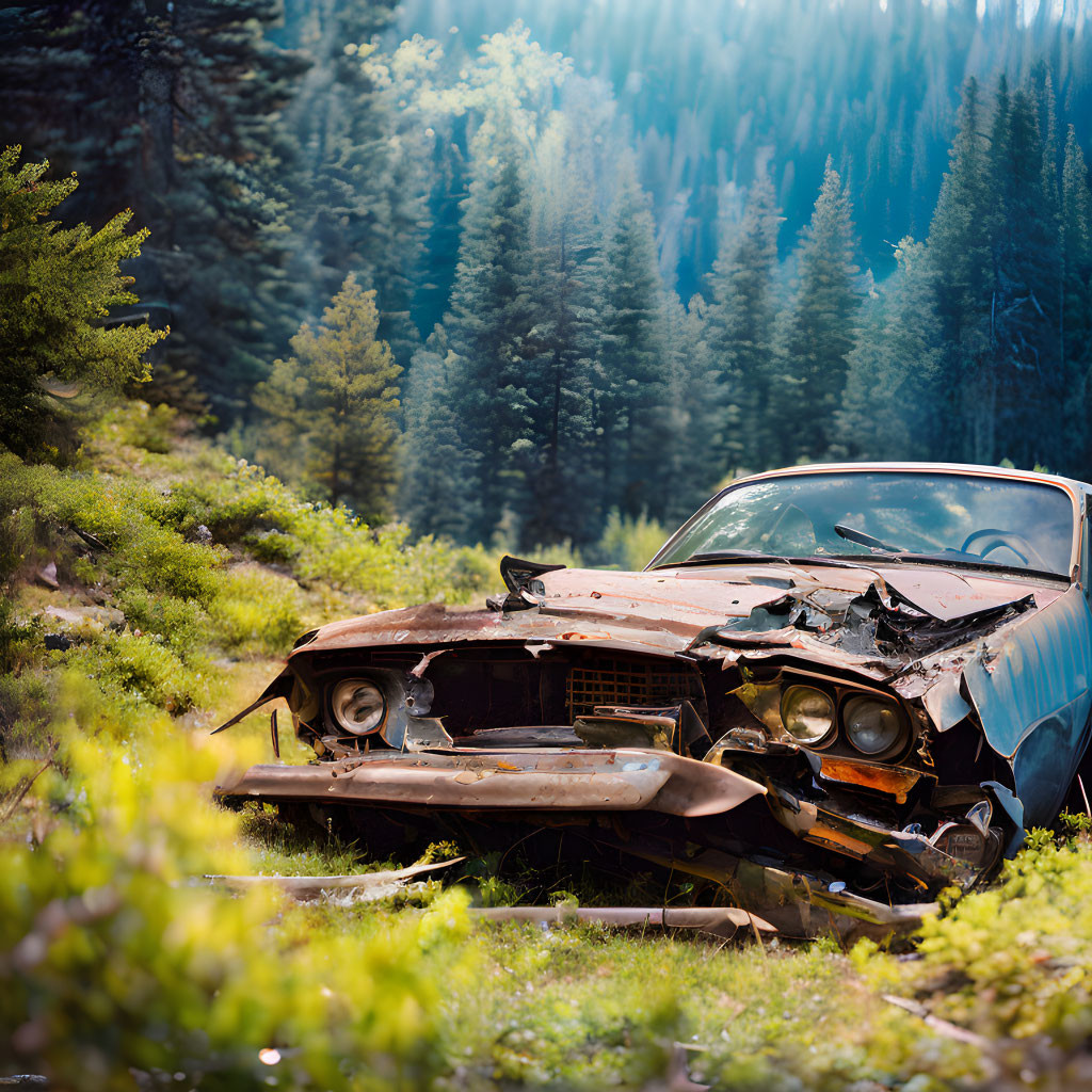 Rusted car with frontal damage in forest clearing