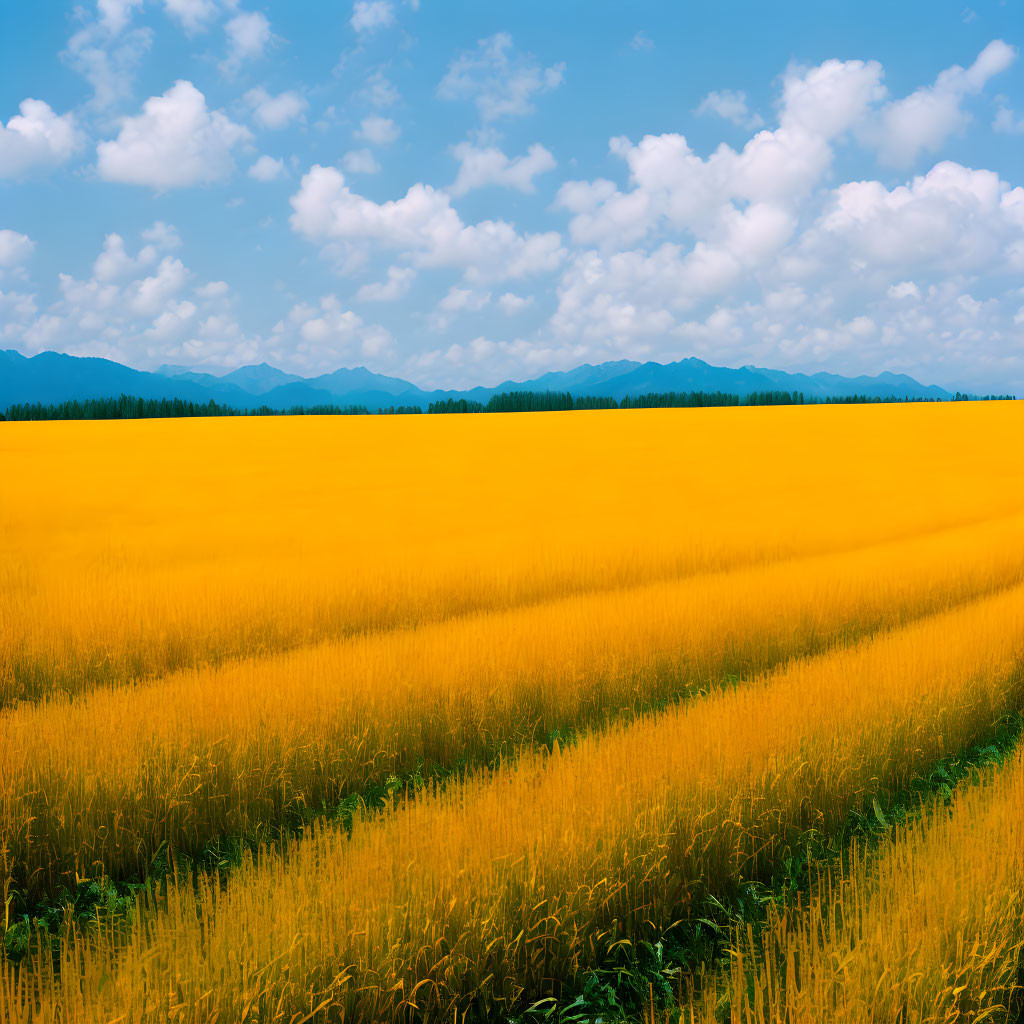 Scenic yellow wheat field under blue sky with mountains