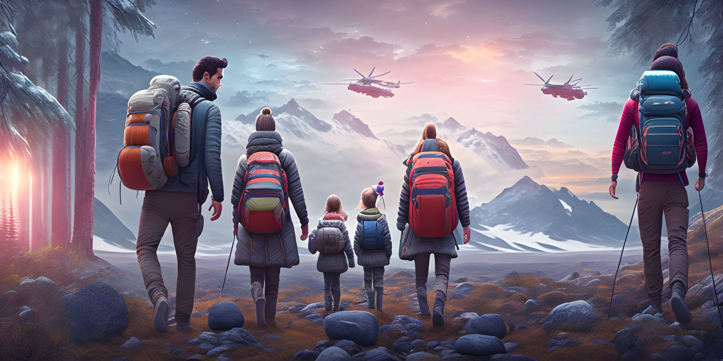 Family with backpacks gazes at futuristic landscape with mountains and flying vehicles