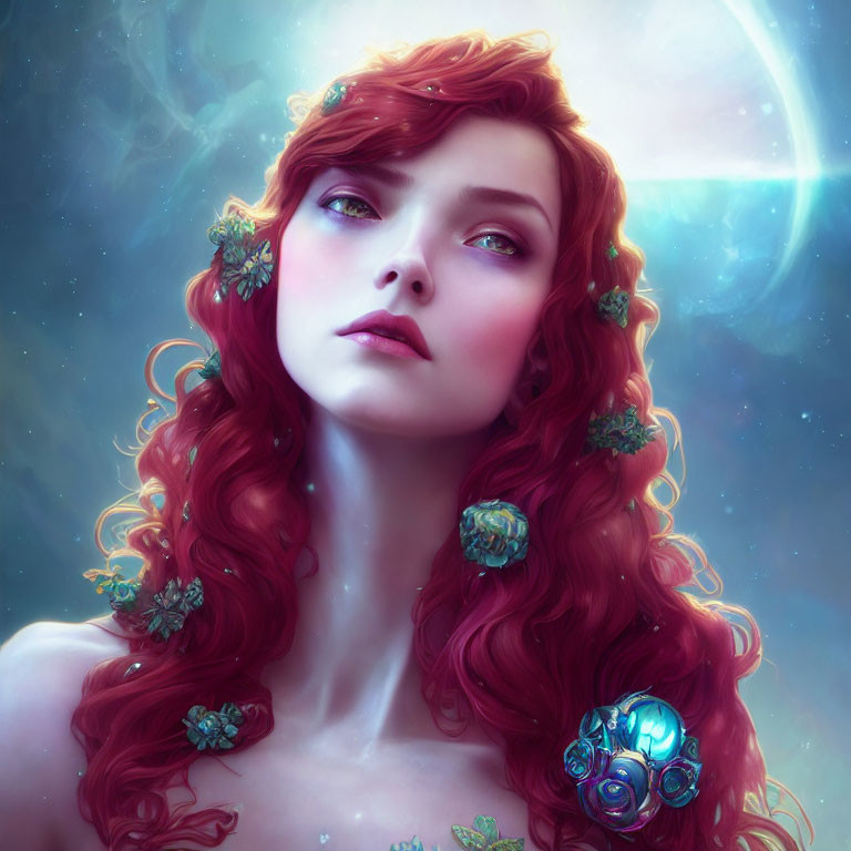 Digital artwork of woman with red hair and green flowers in cosmic setting