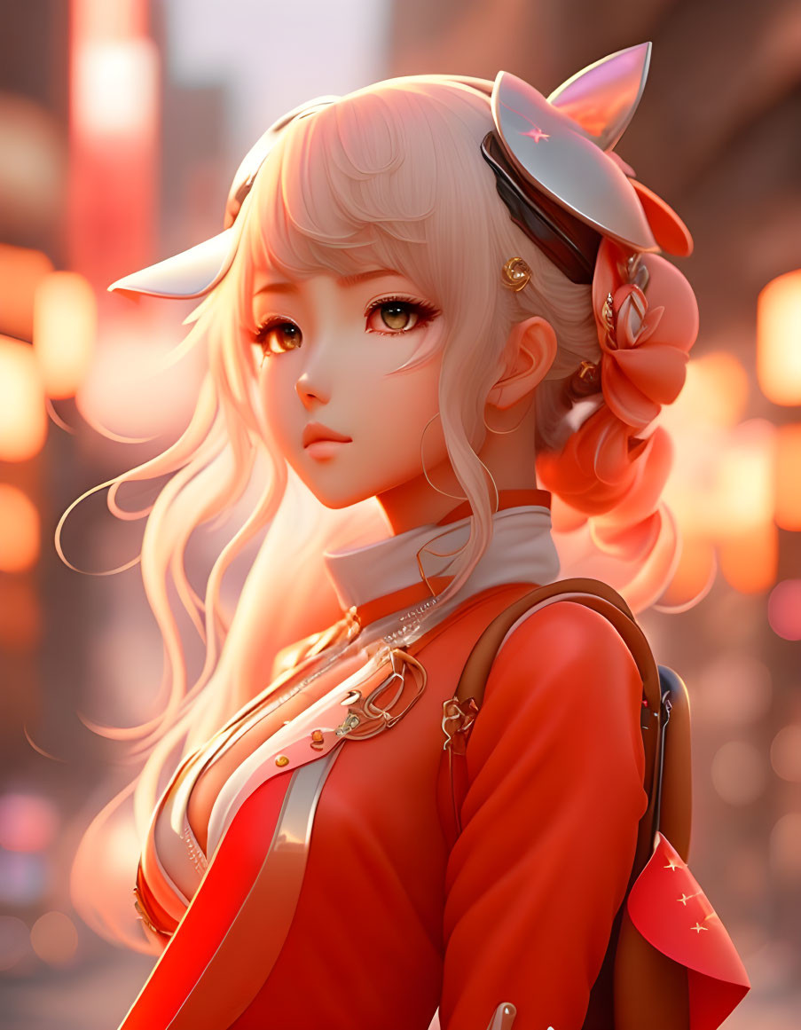 Female character with elfin ears in red outfit against urban sunset.