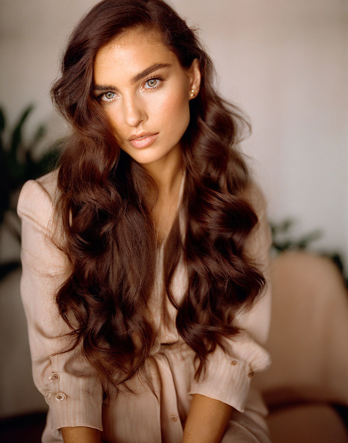 Portrait of woman with long wavy brown hair and blue eyes in light blouse.