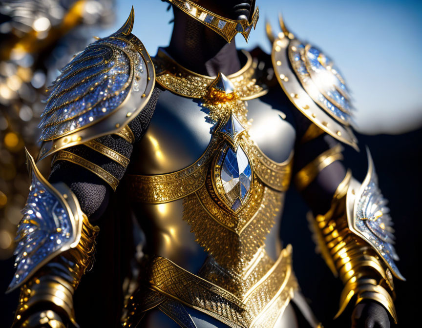 Intricate golden and black knight armor with gemstone centerpiece