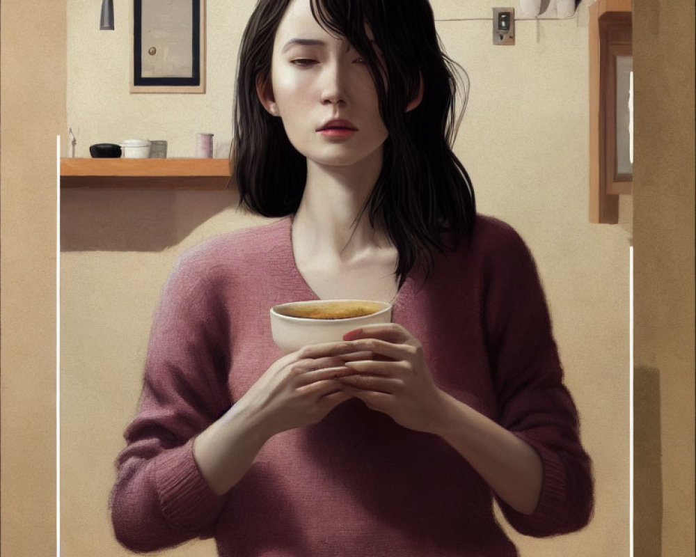 Contemplative woman in pink sweater with bowl in minimalist room