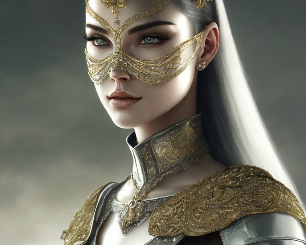 Sharp-featured woman in golden mask and armor exudes regal mystery