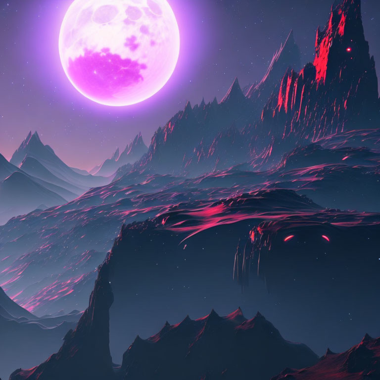 Surreal landscape: jagged mountains, large purple moon, crimson highlights.